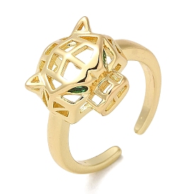 Brass Open Cuff Ring, with Cubic Zirconia, Origami Style Leopard Head Ring for Women