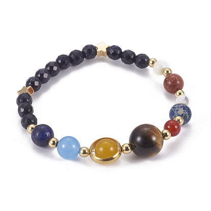 Solar System Galaxy The Nine Planets Guardian Star, Natural Mixed Stone Beads Stretch Bracelets, with Brass Findings, Lead Free & Cadmium Free