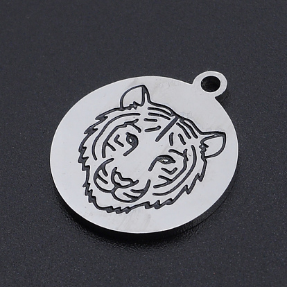 201 Stainless Steel Etched Pendants, Flat Round with Tiger