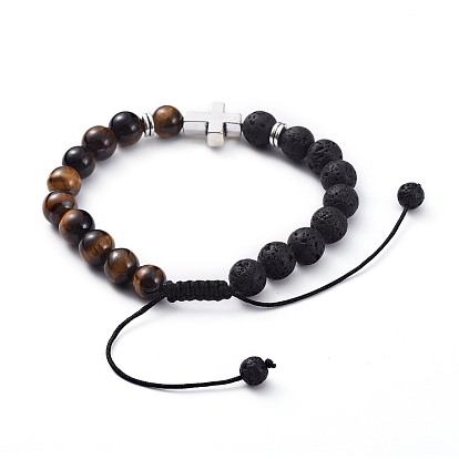 Natural Lava Rock & Tiger Eye Beads Adjustable Braided Bracelets, with Tibetan Style Alloy Beads, Cross