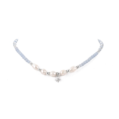 Collar con abalorio de estrella de circonita cúbica transparente con angelita natural y cadenas con cuentas de perlas de imitación para mujer