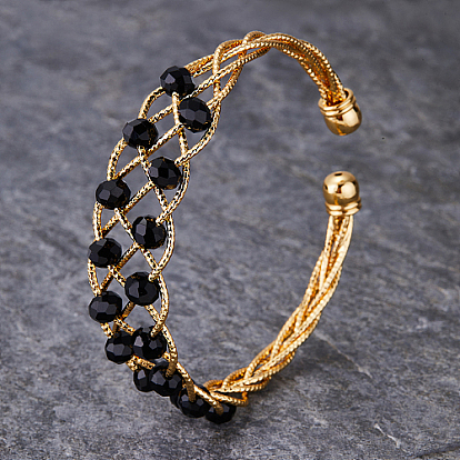 Brass Wire Wrap Cuff Bangle with Round Beaded