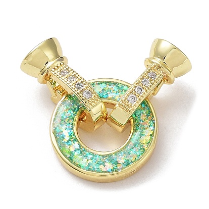 Rack Plating Brass Micro Pave Clear Cubic Zirconia Fold Over Ring Clasps, with Resin Imitation Opal, Cadmium Free & Lead Free, Real 18K Gold Plated, Long-Lasting Plated