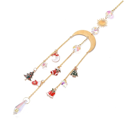 Christmas Theme Sun Catcher Glass Pendant Decorations, Artificial Crystal Hanging Ornament, with Brass and Iron Findings & Alloy Enamel Charms, Moon