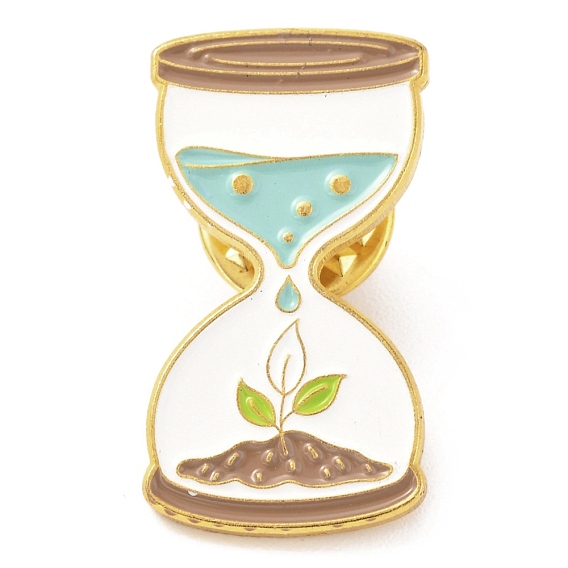 Alloy Enamel Brooches, Enamel Pin, with Butterfly Clutches, Sand Clock with Leaf, Golden