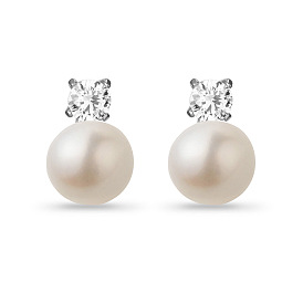 SHEGRACE Classic 925 Sterling Silver Ear Studs, with Freshwater Pearl and AAA Cubic Zirconia, Platinum, 12mm, Pin: 0.7mm