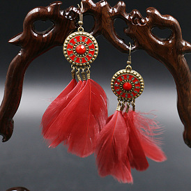 Alloy Woven Net with Feather Long Dangle Earrings for Women