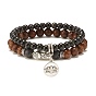 2Pcs 2 Style Natural Obsidian & Lava Rock & Wenge Wood Stretch Bracelets Set with Lotus Charm and Buddha Head, Oil Diffuser Power Jewelry for Men Women