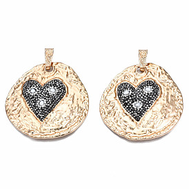 Rack Plating Alloy Rhinestone Big Pendants, with Shell Pearl Beads, Flat Round with Heart, Jet Hematite