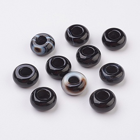 Natural Black Agate European Beads, Large Hole Beads, Rondelle