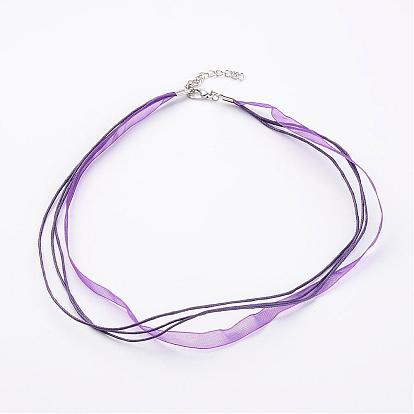 Jewelry Making Necklace Cord, Organza Ribbon & Waxed Cotton Cord & Iron Clasp, 430mm long, 6mm wide,  iron tail chain: 45x3.5mm, lobster clasps: 12x7mm