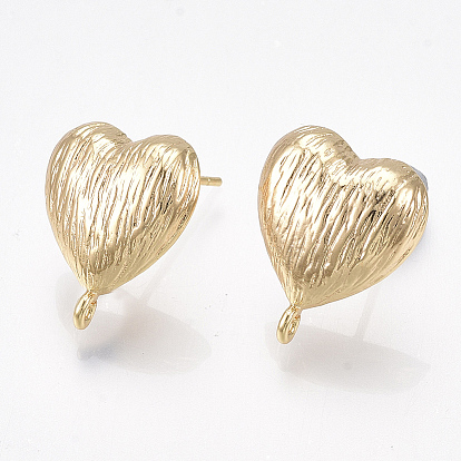 Brass Stud Earring Findings, with Loop, Nickel Free, Real 18K Gold Plated, Heart