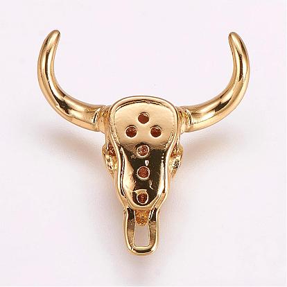 Brass Micro Pave Cubic Zirconia Beads, Cattle Skull