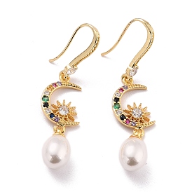 Moon & Sun Sparkling Cubic Zirconia Dangle Earrings for Her, Real 18K Gold Plated Brass Earrings with Acrylic Pearl Beads