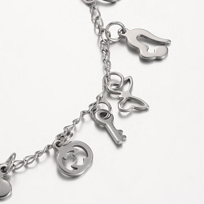 304 Stainless Steel Charms Anklets, with Lobster Claw Clasps, 225mm