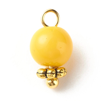 Breloques en perles de verre rondes imitation jade, avec des perles d'espacement de marguerite en alliage de style tibétain et des goupilles à tête sphérique en laiton, or