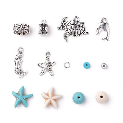 Conjuntos de joyas de bricolaje tema océano, con cuentas de turquesa sintéticos, colgantes y cuentas de aleación, hornear bolas de semillas de vidrio de pintura, tortuga marina y estrella de mar y delfín y sirena