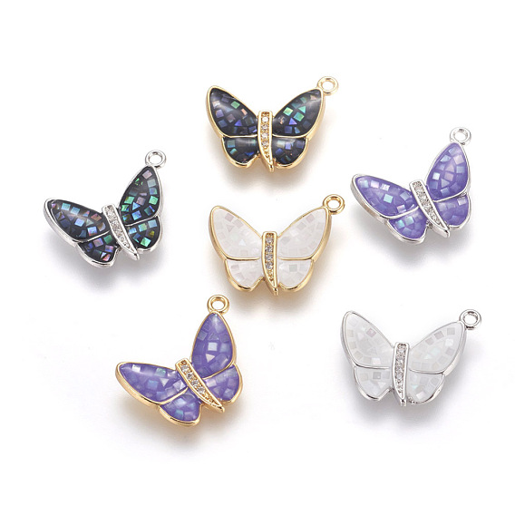 Brass Enamel Pendants, with Freshwater Shell and Micro Pave Cubic Zirconia, Butterfly