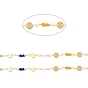 Handmade Brass Flat Round Link Chains, Glass Beaded Chains, Real 18K Gold Plated, Soldered, with Spool, Cadmium Free & Lead Free