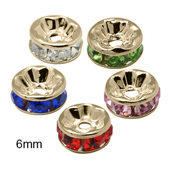 Brass Rhinestone Spacer Beads, Grade AAA, Straight Flange, Nickel Free, Light Gold Metal Color, Rondelle, 6x3mm, Hole: 1mm