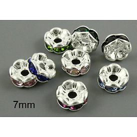 Brass Rhinestone Spacer Beads, Grade AAA, Wavy Edge, Nickel Free, Silver Color Plated, Rondelle, 7x3.2mm, Hole: 1.2mm