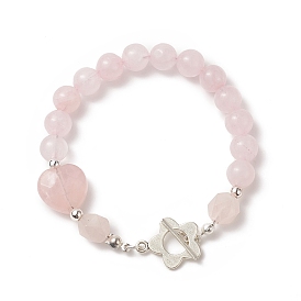 Bracelet en perles de coeur de quartz rose naturel avec fermoirs de fleurs en alliage pour femme