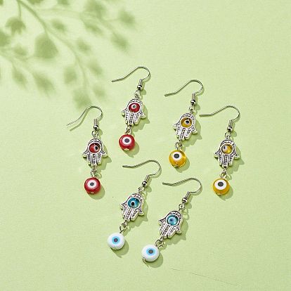 3 Pairs 3 Colors Evil Eye Lampwork Dangle Earring, Alloy Hamsa Hand Earring Jewelry for Women