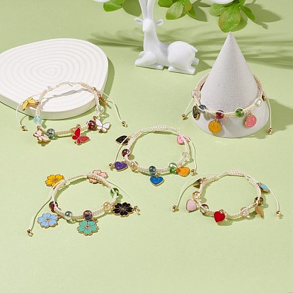 Round Glass Braided Bead Bracelet with Alloy Enamel Charm, Adjustable Bracelet for Women