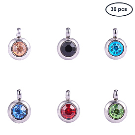 PandaHall Elite Trendy Original Color 304 Stainless Steel Grade A Rhinestone Charm Pendants, Birthstone Charms, Faceted, Flat Round