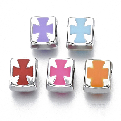 UV Plating Acrylic European Beads, with Enamel, Large Hole Beads, Mixed Color, Rectangle with Cross