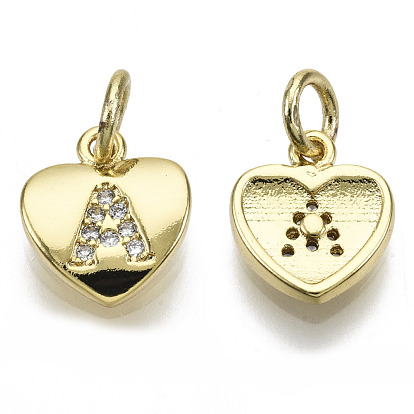 Breloques en laiton zircon cubique transparent, avec anneau de saut, coeur avec la lettre, réel 16 k plaqué or, sans nickel