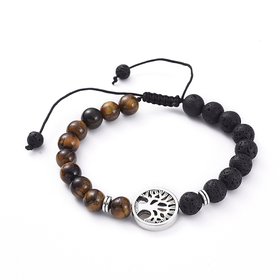 Bracelets tressés réglables en pierre de lave naturelle et perles d'oeil de tigre, avec des perles en alliage de style tibétain, rond et plat avec un arbre