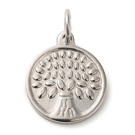 304 Stainless Steel Pendants, with Jump Ring, Flat Round with Tree Pattern