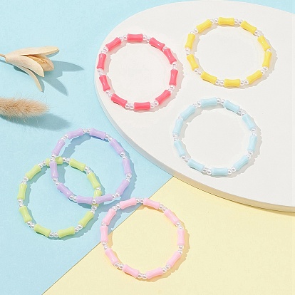 6Pcs 6 Color Bamboo Stick Acrylic & ABS Plastic Pearl Beaded Stretch Bracelets Set, Stackable Bracelets for Kids