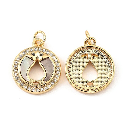 Brass Cubic Zirconia with Shell Pendants, Long-Lasting Plated, Lead Free & Cadmium Free, Flat Round with Fish