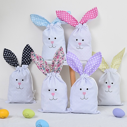Bolsas de almacenamiento de plástico con tema de Pascua, bolsitas de conejo con cordón, para el envasado de dulces de fiesta, patrón de lunares/patrón de flores