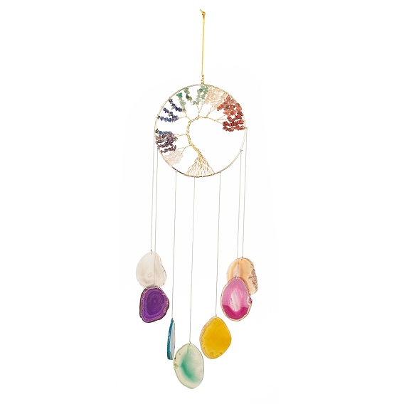 Chakra plat rond avec arbre de vie carillons éoliens enveloppés de fil, avec des éclats de perles de pierres précieuses naturelles et des pendentifs en agate naturelle