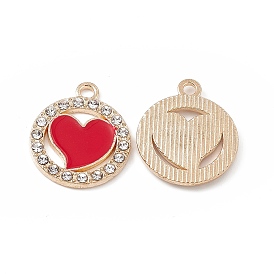 Alloy Crystal Rhinestone Pendants, with Enamel, Flat Round with Heart Charms