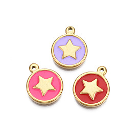 304 Stainless Steel Enamel Pendants, Real 18K Gold Plated, Flat Round with Star