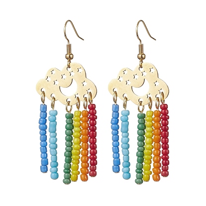 201 Stainless Steel Cloud Chandelier Earrings with Brass Pins, Colorful Glass Seed Beaded Tassel Earrings