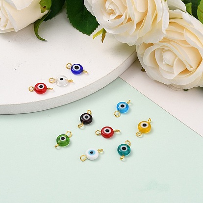 Handmade Lampwork Links Connectors, with Golden Plated Brass Eye Pin, Flat Round with Evil Eye