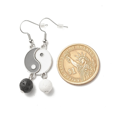Alliage émail yin yang boucles d'oreilles asymétriques assorties, Boucles d'oreilles pendantes en laiton avec pierre de lave naturelle pour femme
