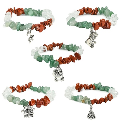 Bracelet extensible en perles de jaspe rouge naturel, aventurine verte et éclats de verre, bracelet à thème de Noël à breloques en alliage