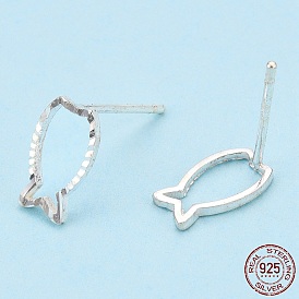 925 Sterling Silver Hollow Fish Stud Earrings, with S925 Stamp