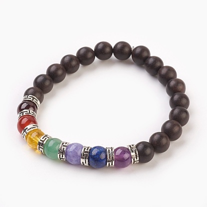 Natural Gemstone Stretch Bracelets, with Natural Sandalwood Beads and Tibetan Style Spacer Beads