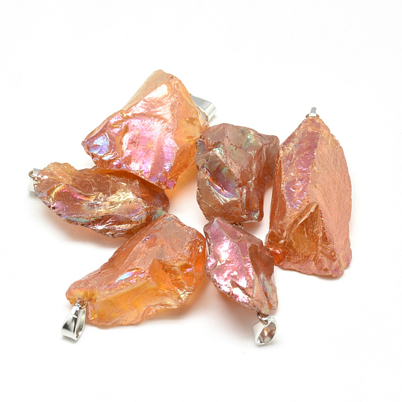 Electroplate Rough Raw Natural Quartz Crystal Pendants, with Iron Bails, Nuggets, Platinum