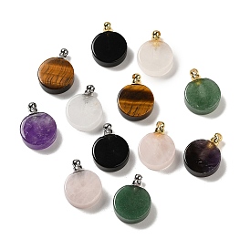 Natural Gemstone Perfume Bottle Pendants, Flat Round Charms with 304 Stainless Steel Findings