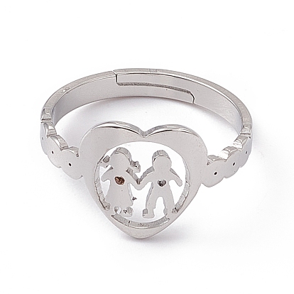 201 Stainless Steel Heart with Lovers Adjustable Ring for Valentine's Day