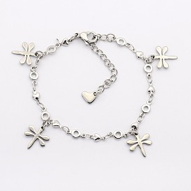 304 Stainless Steel Dragonfly Charms Bracelets, with 304 Stainless Steel Findings, Lobster Claw Clasps and End Chains, 6-1/2 inch(165mm), 4mm
