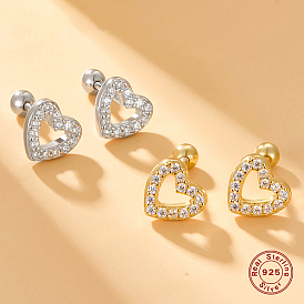 925 Sterling Silver Rhinestone Stud Earrings, Heart